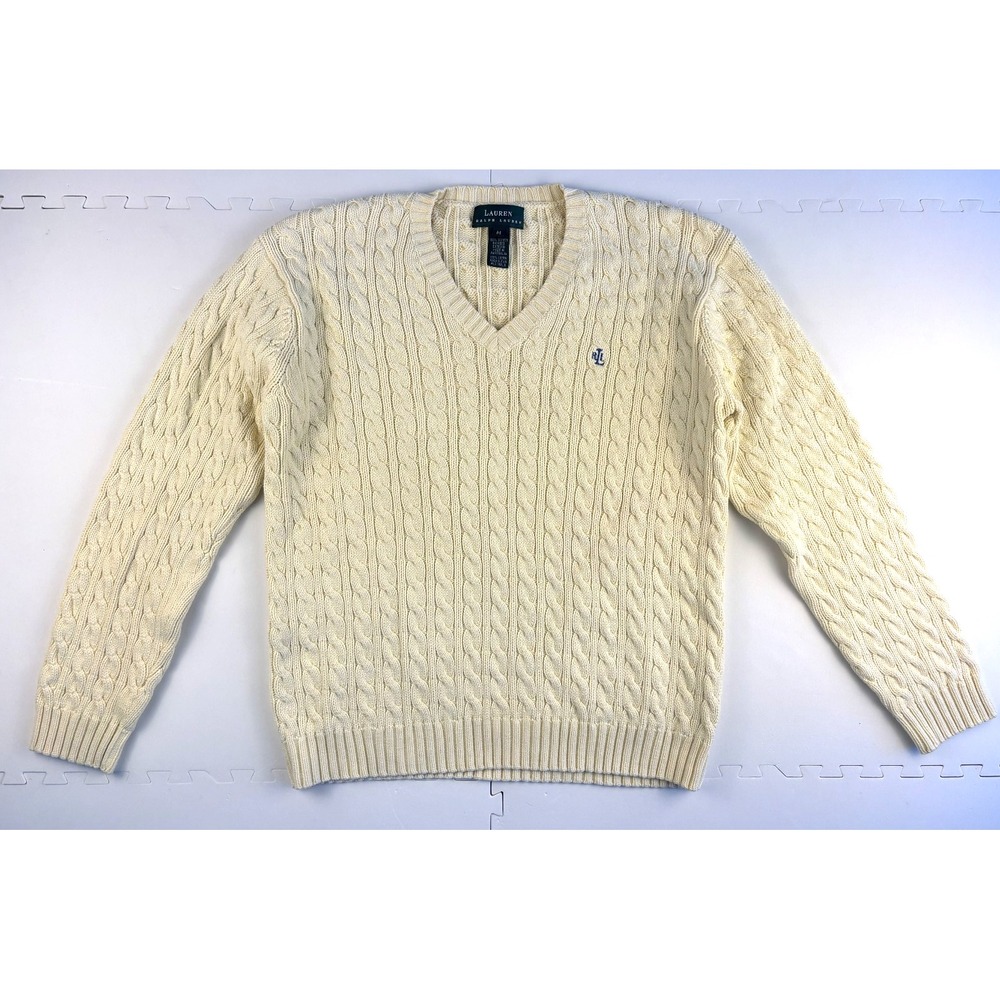 Vtg LAUREN RALPH LAUREN Sweater Womens Cable Knit Tennis-Sz M Butter Yellow - Picture 1 of 8